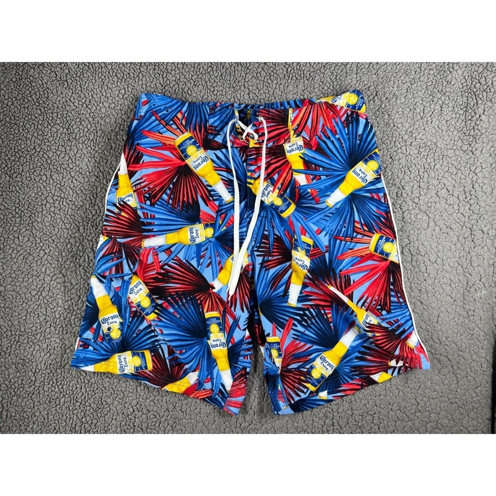 Mens Corona Extra Swim Trunks Shorts Blue Tropical Palm Bottle Print Size 32